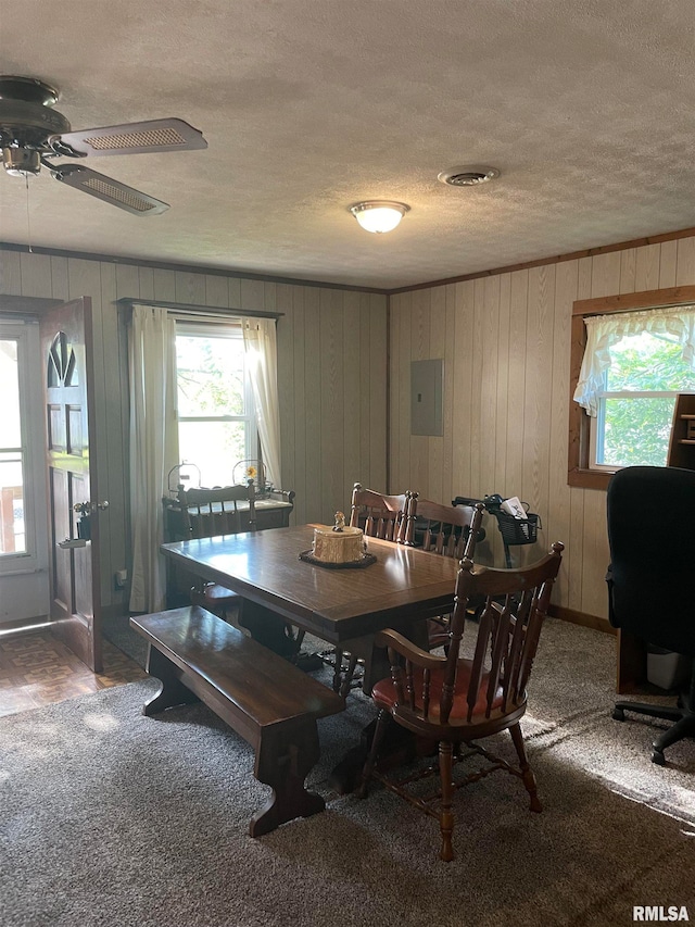 carpeted dining room featuring a wealth of natural light, a textured ceiling, electric panel, and ceiling fan