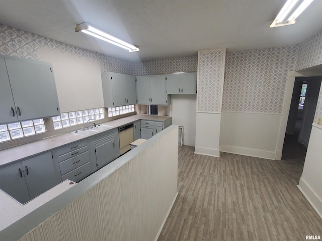 kitchen with sink, gray cabinets, hardwood / wood-style floors, and dishwasher