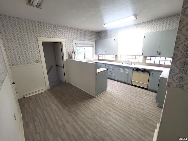 kitchen featuring wood-type flooring, sink, gray cabinetry, and white dishwasher