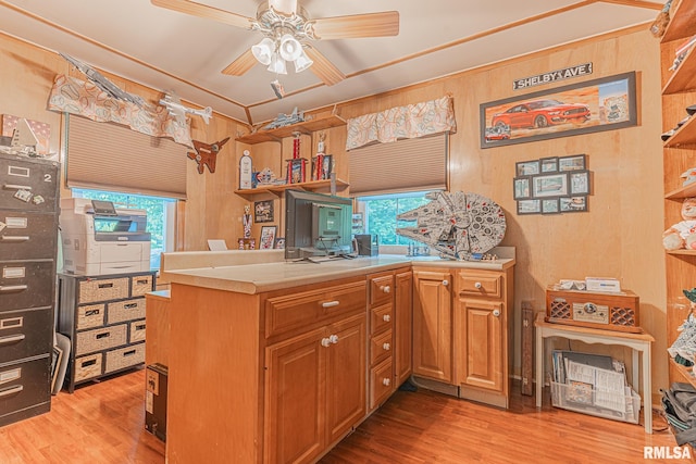 kitchen featuring kitchen peninsula, light hardwood / wood-style flooring, and plenty of natural light