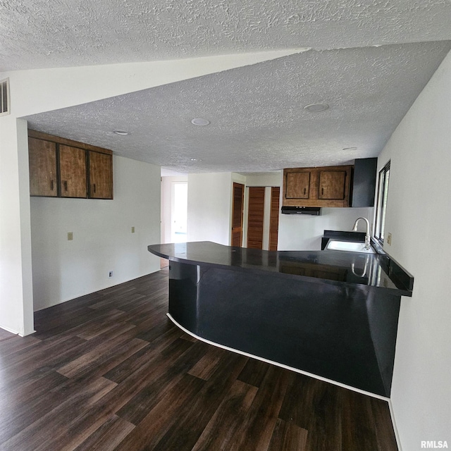 kitchen with a textured ceiling, sink, and dark hardwood / wood-style floors