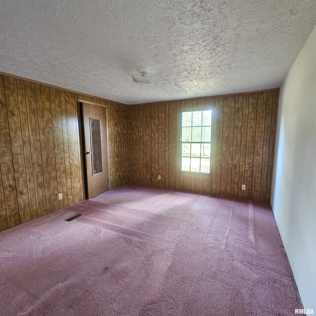 carpeted empty room with wood walls and a textured ceiling