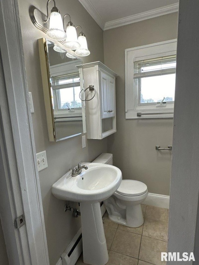 bathroom with crown molding, an inviting chandelier, toilet, and tile patterned flooring