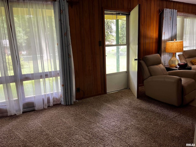 carpeted living room with wood walls and plenty of natural light