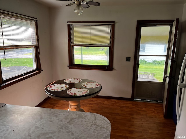 dining space with ceiling fan and dark wood-type flooring