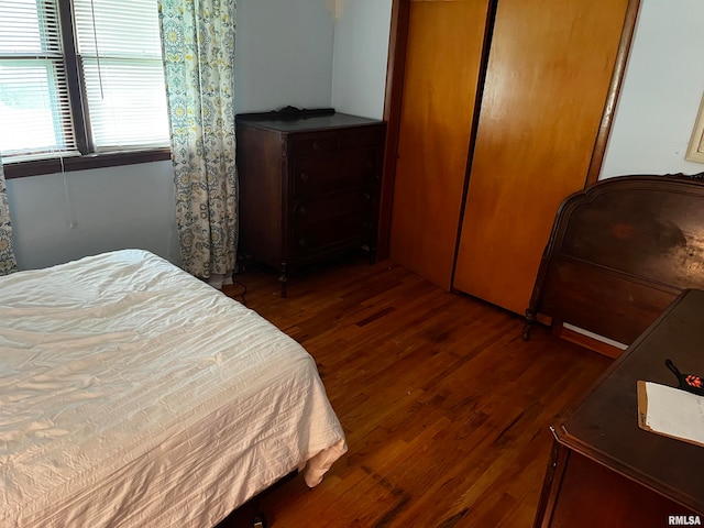 bedroom with a closet and dark hardwood / wood-style flooring