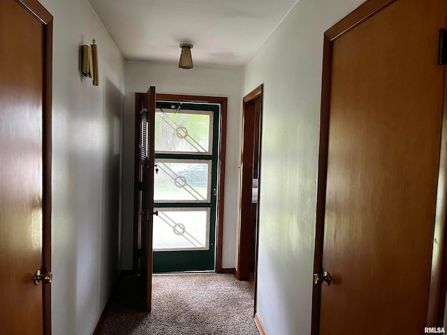 doorway to outside with carpet flooring