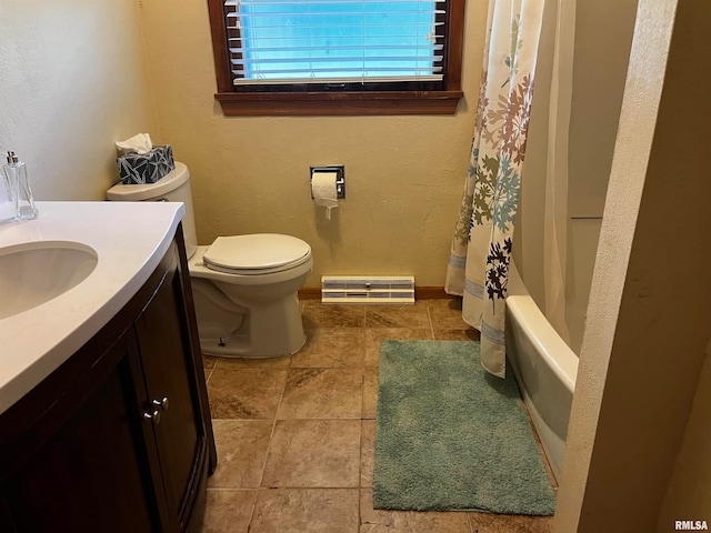 full bathroom with shower / bath combo, toilet, tile patterned flooring, and vanity