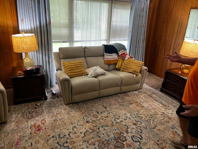 living room with wooden walls and carpet floors