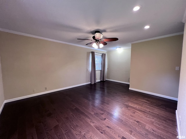 spare room featuring recessed lighting, dark wood-style flooring, a ceiling fan, baseboards, and ornamental molding