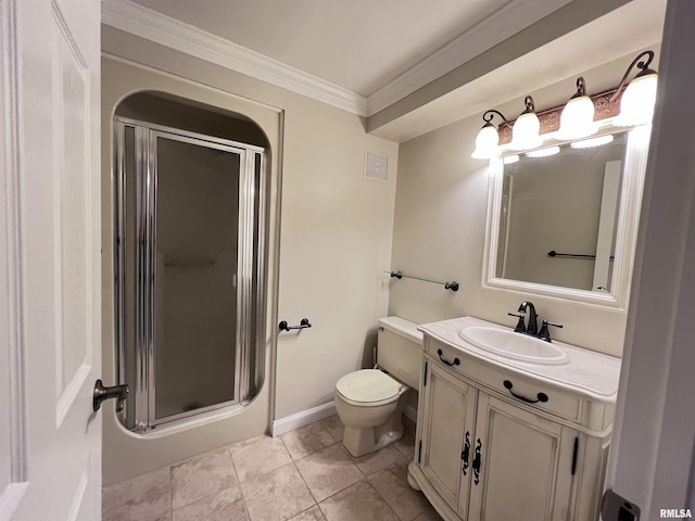 full bathroom featuring visible vents, toilet, ornamental molding, vanity, and a shower stall