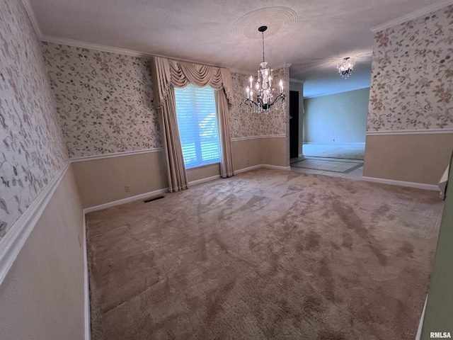 unfurnished dining area with crown molding, wainscoting, carpet flooring, and wallpapered walls