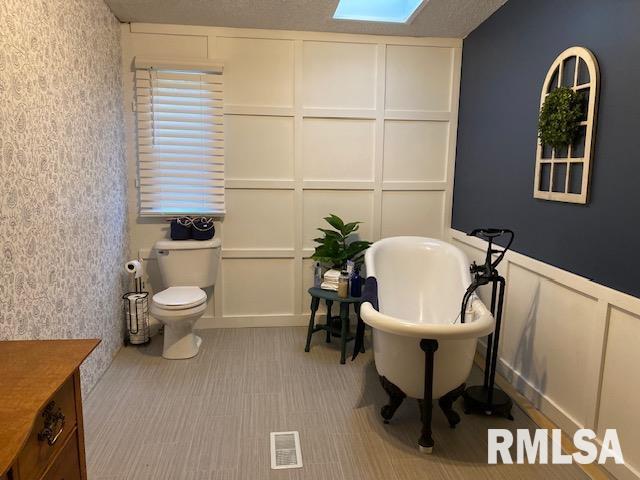 bathroom featuring a bathtub, a skylight, vanity, and toilet