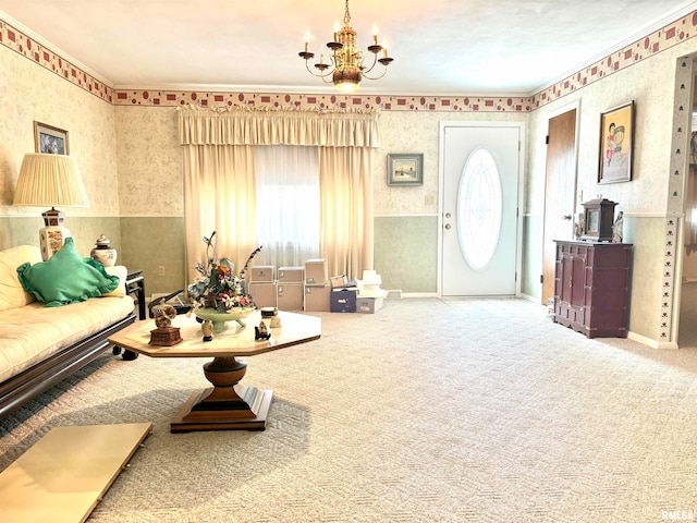 carpeted living room with a chandelier