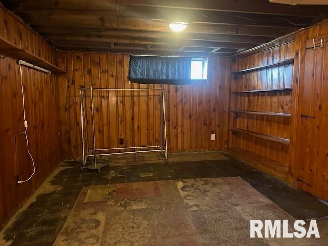 basement featuring wood walls