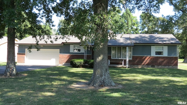 ranch-style house with a front yard and a garage