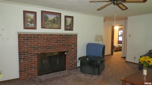 living room featuring ceiling fan, carpet, and a brick fireplace