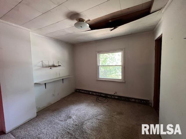 empty room featuring carpet floors and a baseboard heating unit