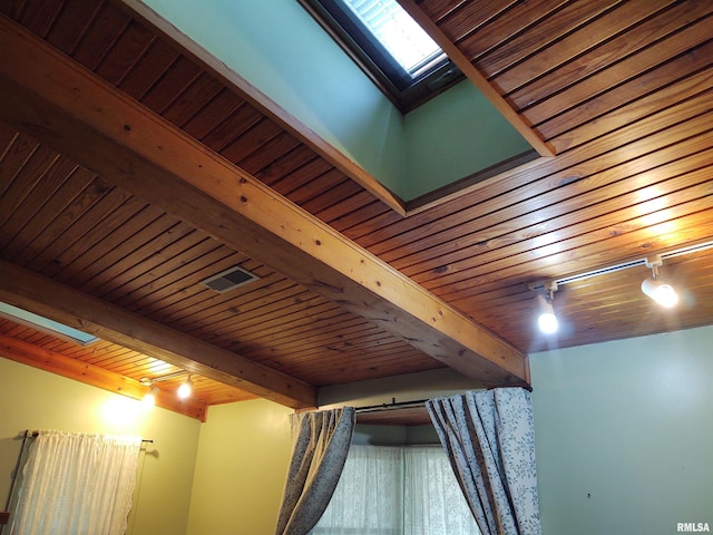 room details featuring a skylight, wood ceiling, beam ceiling, and rail lighting