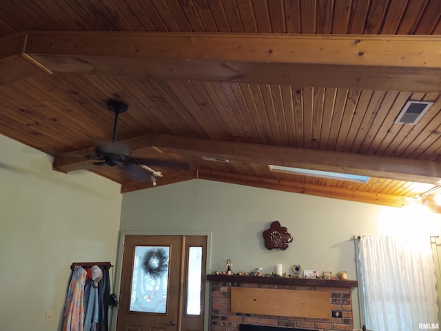 details featuring ceiling fan, beamed ceiling, and wooden ceiling