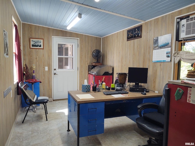 home office with wooden ceiling and wooden walls