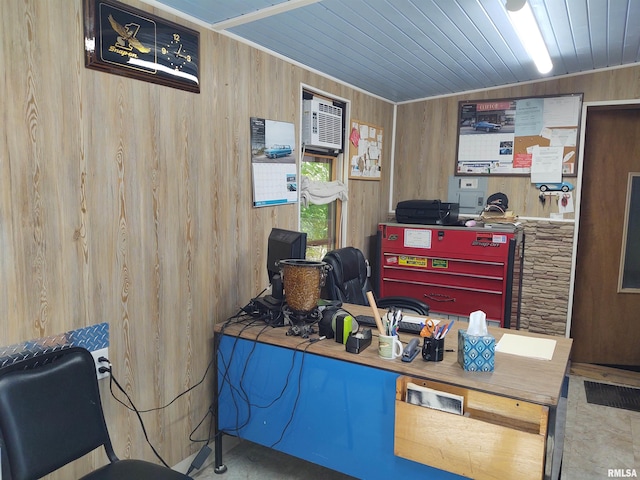 office space featuring a wall mounted AC, wood ceiling, and wooden walls