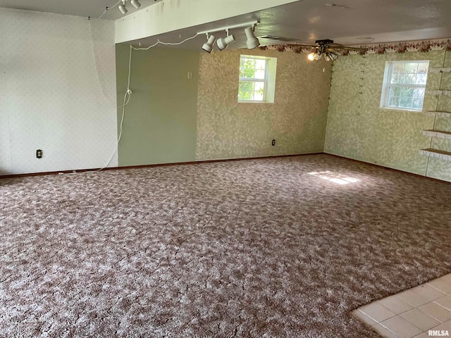 unfurnished room featuring rail lighting, ceiling fan, and carpet