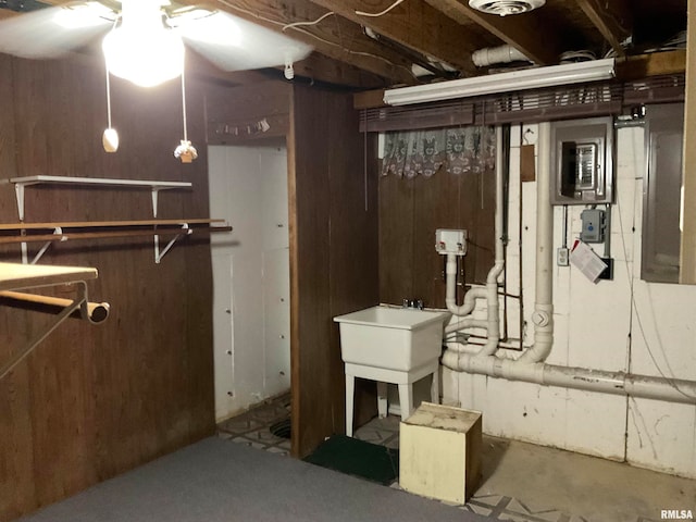 basement featuring wood walls