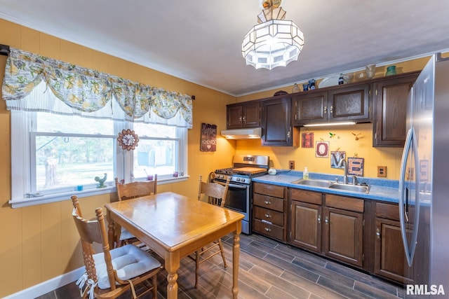 kitchen with pendant lighting, dark brown cabinets, dark wood-type flooring, sink, and stainless steel appliances