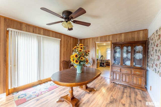 dining space featuring wooden walls, ceiling fan, and light hardwood / wood-style flooring