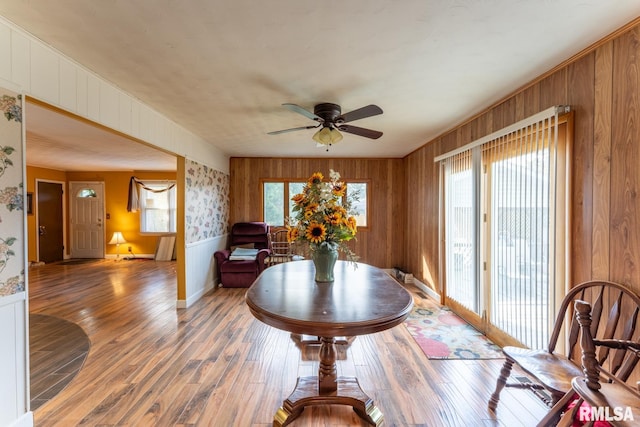 dining area with wood-type flooring, wooden walls, and ceiling fan