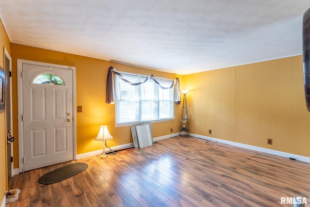 entryway featuring wood walls, plenty of natural light, and hardwood / wood-style floors