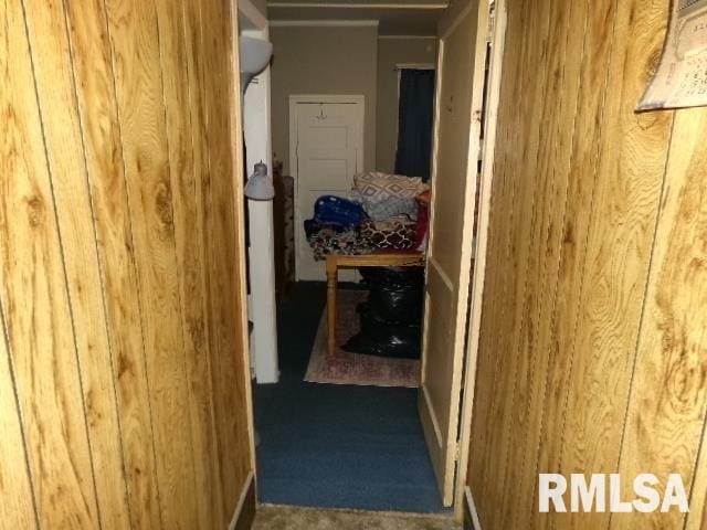 318 Williams St, Rosiclare, IL 62982 - hallway featuring wood walls and carpet floors
