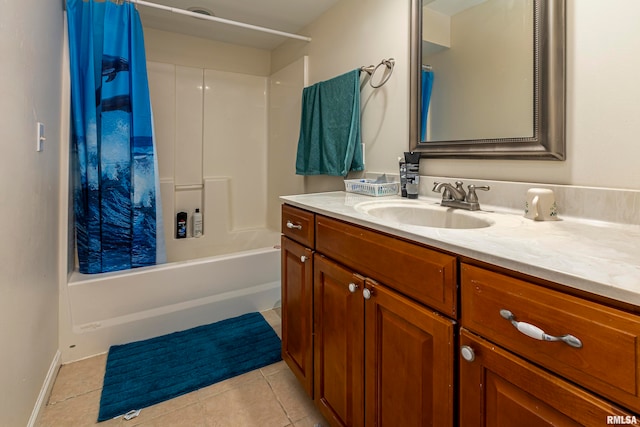 bathroom with vanity, shower / tub combo, and tile patterned flooring