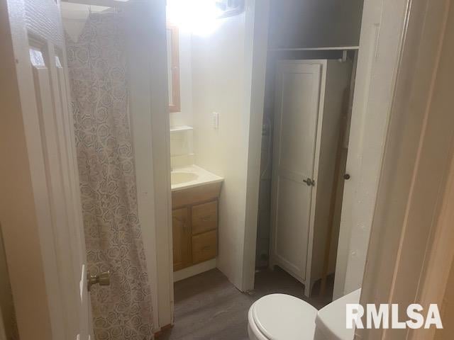 bathroom with vanity, toilet, and hardwood / wood-style flooring