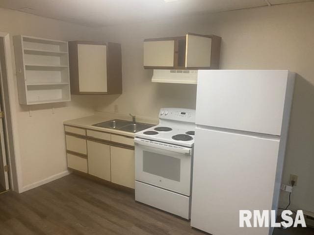 1808 Pine St, Murphysboro, IL 62966 - kitchen with dark wood finished floors, range hood, light countertops, a sink, and white appliances
