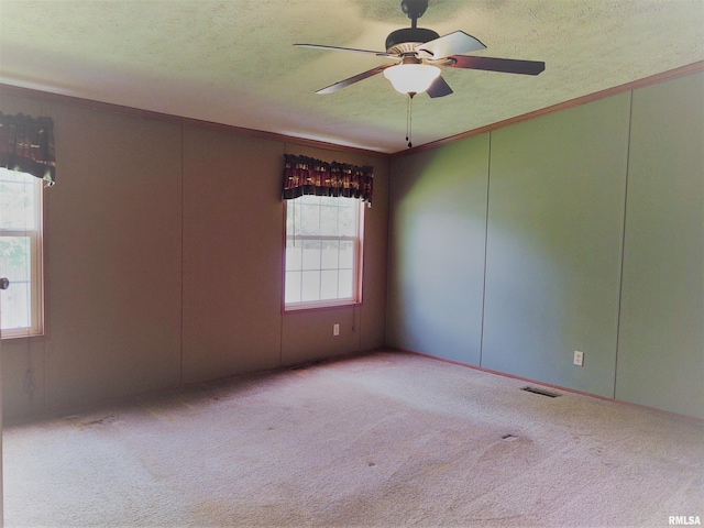 empty room featuring carpet flooring, ceiling fan, and a healthy amount of sunlight