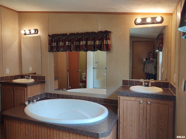 bathroom with vanity, a bath, toilet, and a textured ceiling