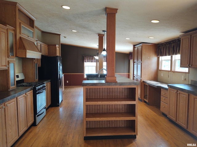 kitchen with light wood-type flooring, plenty of natural light, and gas stove