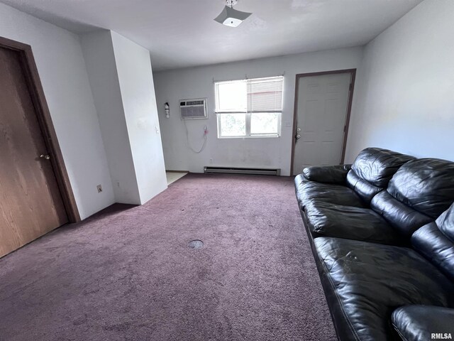 carpeted living area featuring a baseboard radiator and an AC wall unit