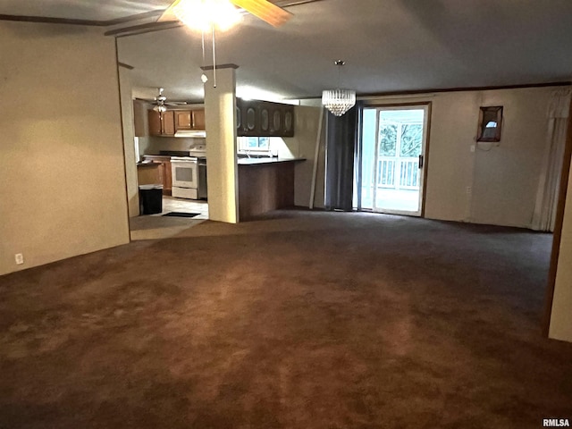 unfurnished living room featuring carpet and ceiling fan