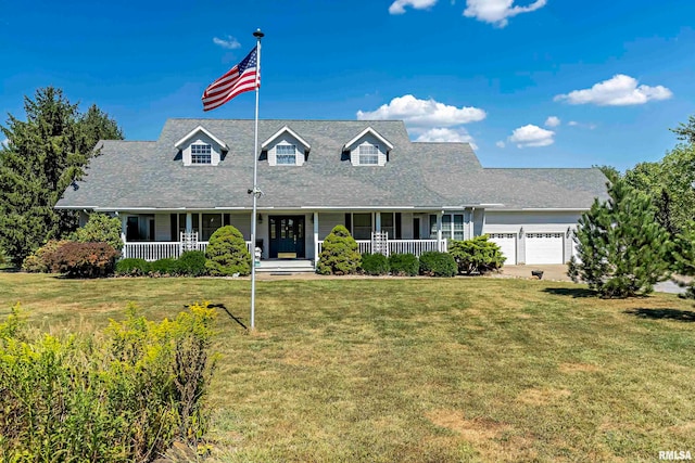 cape cod house featuring a garage, a porch, and a front lawn