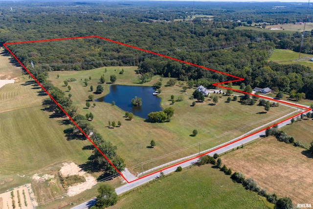 bird's eye view featuring a water view and a rural view