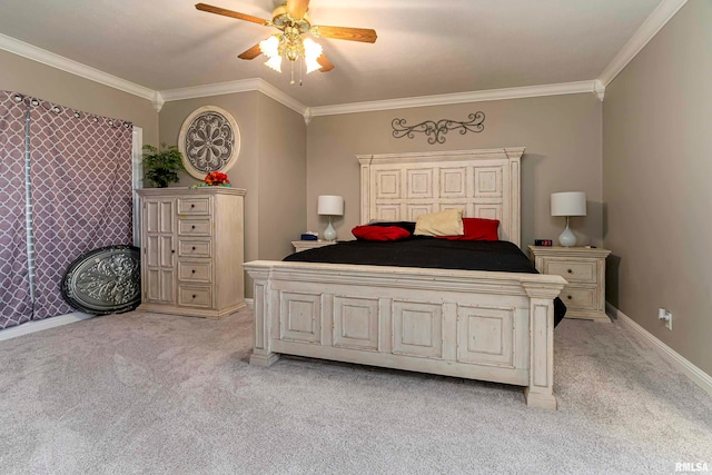 carpeted bedroom featuring crown molding and ceiling fan