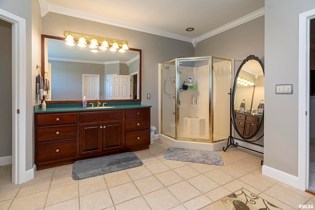 bathroom featuring tile patterned floors, walk in shower, ornamental molding, and vanity