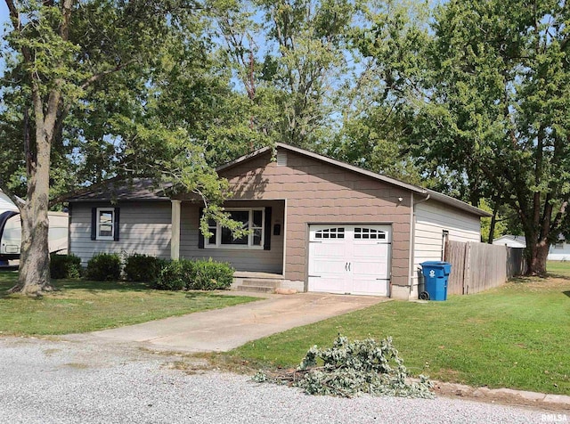 single story home with a garage and a front lawn