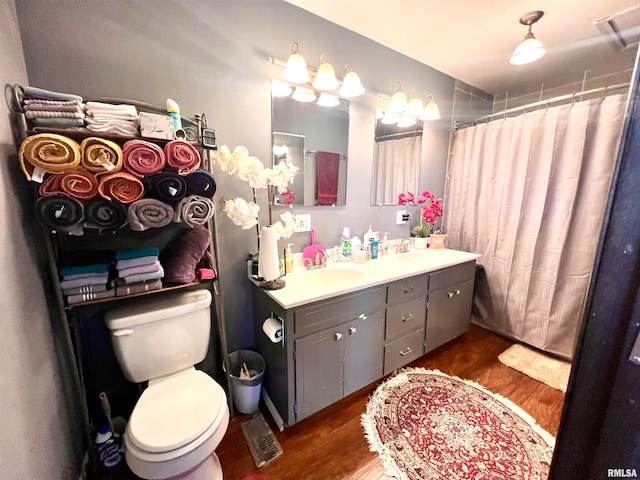 bathroom with vanity, toilet, and wood-type flooring