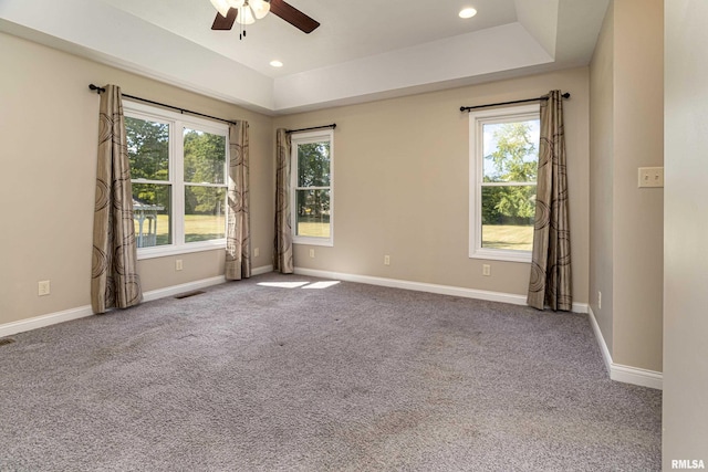 carpeted empty room with plenty of natural light, a raised ceiling, and visible vents