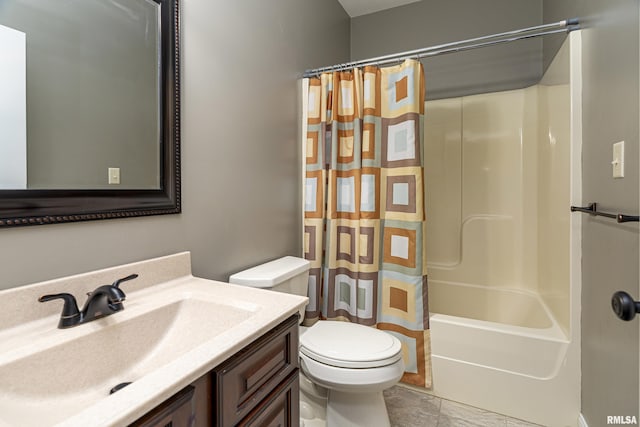 full bath with vanity, toilet, and shower / tub combo with curtain