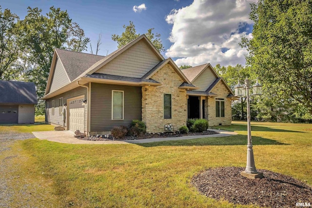 craftsman inspired home featuring an attached garage, stone siding, roof with shingles, and a front yard